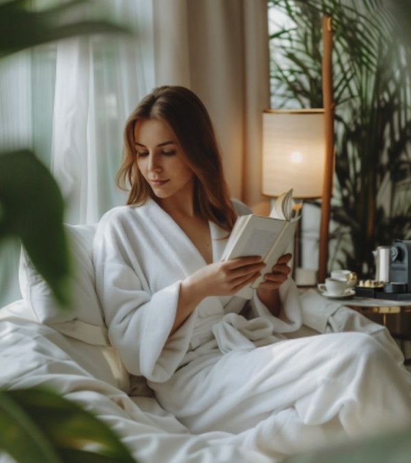 Ambiance de confort avec les produits JVD dans une chambre d'hôtel avec une femme qui lit un livre
