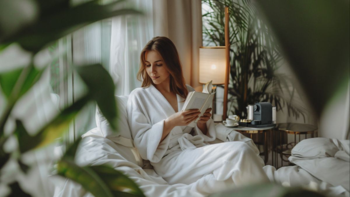 Ambiance JVD chambre d'hôtel avec une femme qui lit un livre