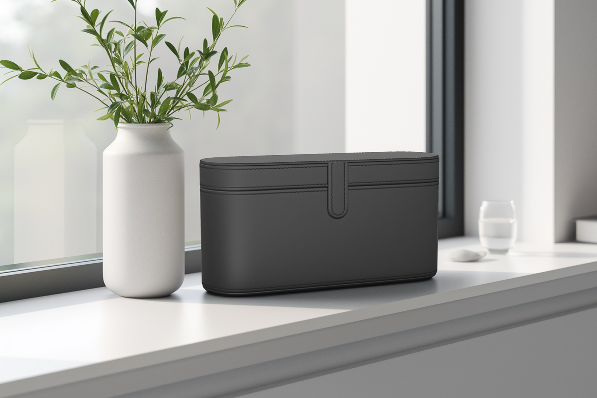 boite pour sèche-cheveux en cuir noir mat