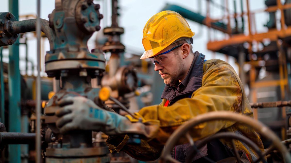 Enjeux de protection avec des hommes-travaillant-dans-la-pétrochimie-avec-une-tenue-de-travail